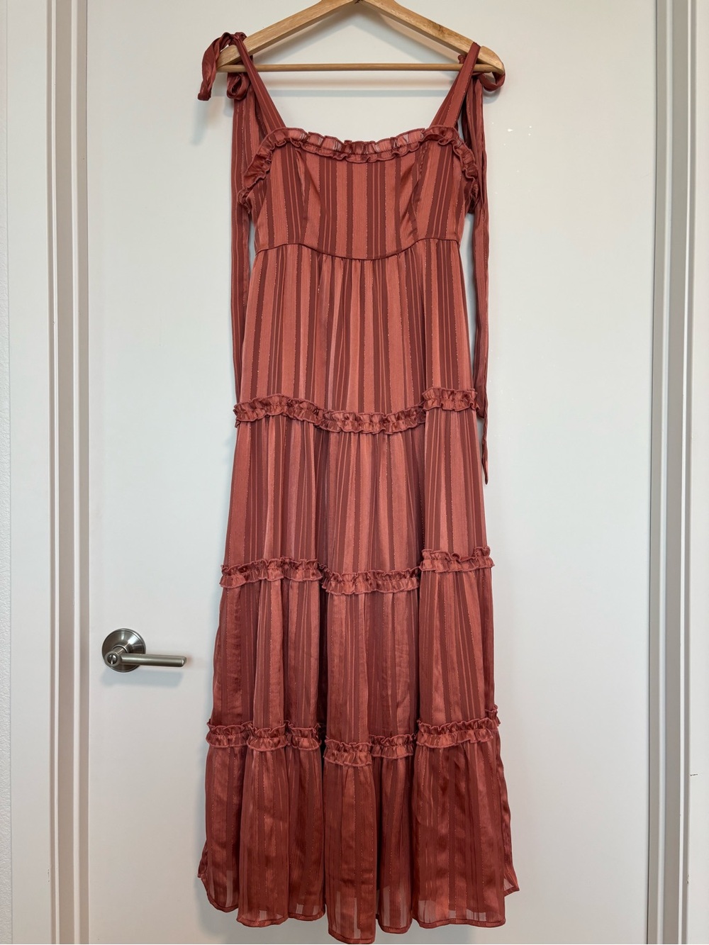 Lulu's Rust-Red Tiered Tie-Shoulder Maxi Dress
